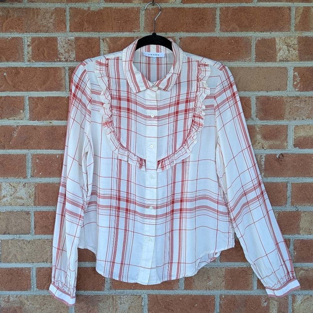 FRAME Plaid Ruffle Button‑Down Shirt Red/Cream Size M - Picture 3 of 10
